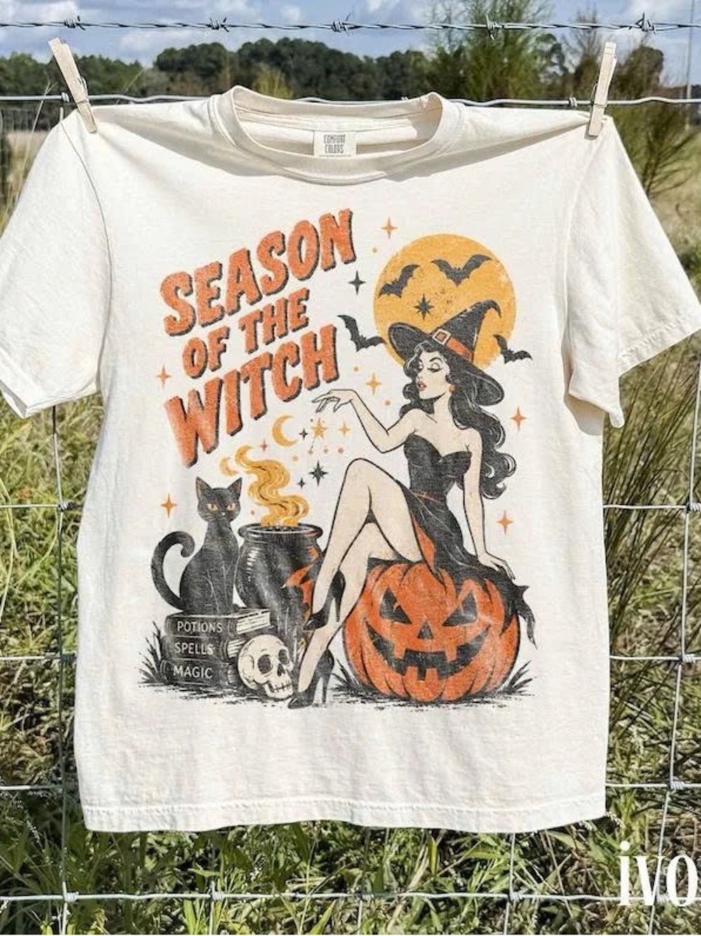 Cream Short Sleeve Tee with Orange & Black Halloween Graphic